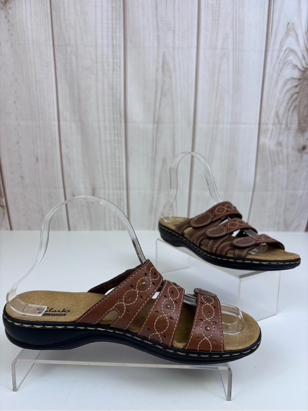 Clarks Leisa Cacti Q Leather Multi-Strap Slide Lightweight Sandals Brown Size 7 - Picture 2 of 15